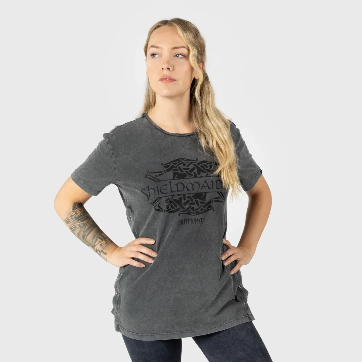 T-shirt med sidoknäppning, Shieldmaiden, Tvättad Grå - Bild 3