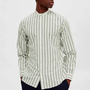Selected SLHSLIMNEW-LINEN SHIRT LS BAND W Desert Sage Stripes